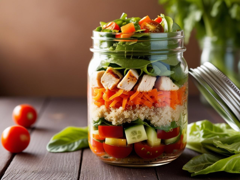 A close-up of a colorful Mason Jar Salad filled with cherry tomatoes, spinach, grilled chicken, and shredded carrots.