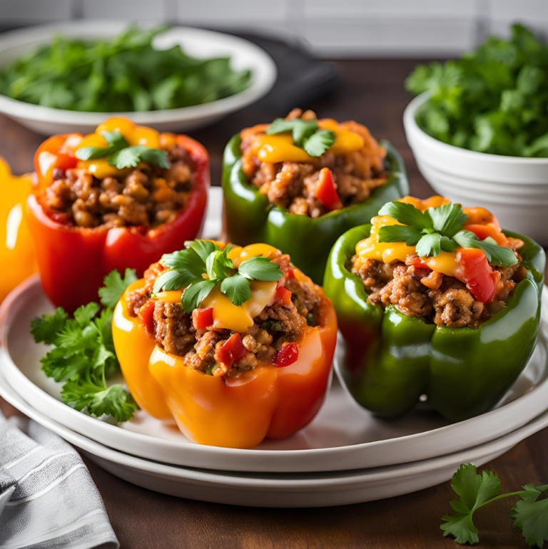 Close-up of stuffed bell peppers with melted cheddar and fresh parsley.
