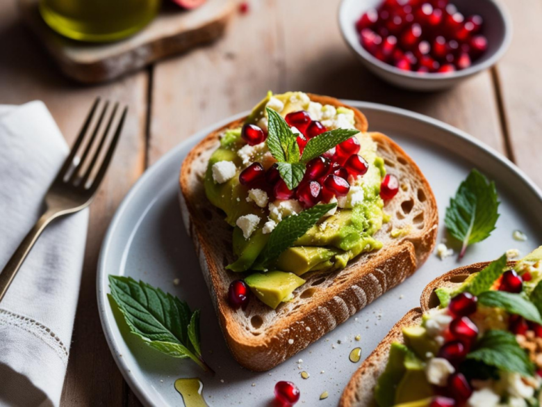 A single serving of avocado toast topped with avocado slices, pomegranate seeds, feta cheese, and fresh mint, plated on a white dish with a fork. A bowl of extra pomegranate seeds sits in the background.