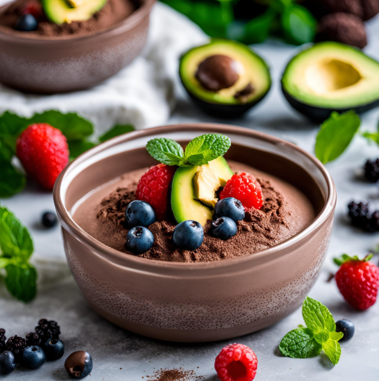 A brown bowl of no-bake chocolate avocado mousse topped with raspberries, blueberries, and avocado slices on a marble counter.