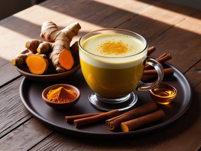 Glass mug of turmeric latte on a tray with turmeric roots, powder, and cinnamon sticks.