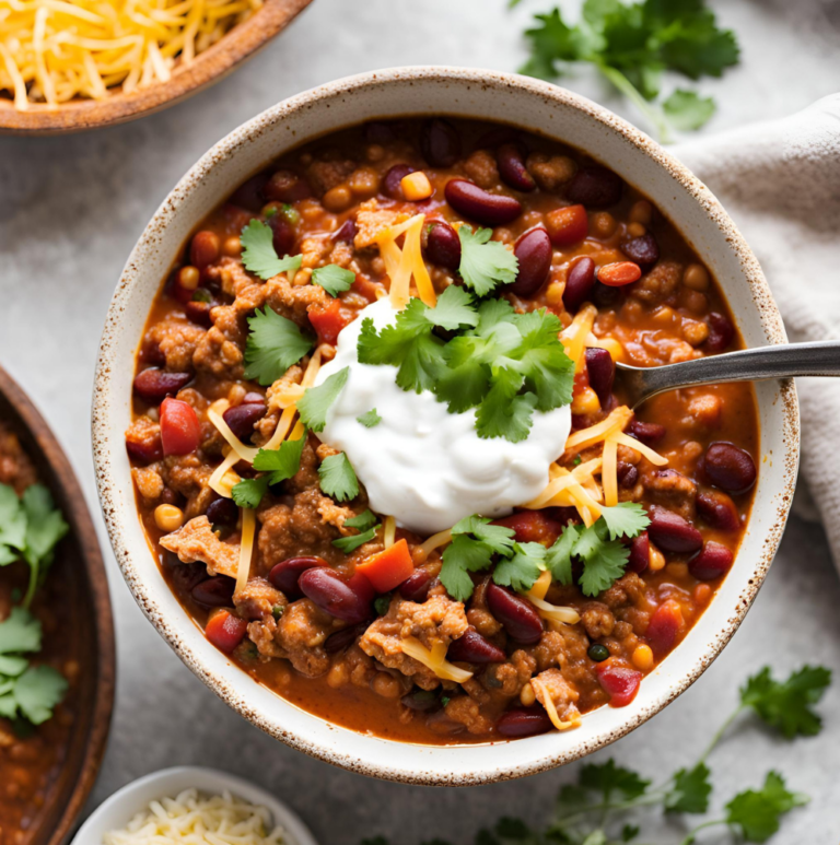 A bowl of turkey chili topped with sour cream, shredded cheese, and cilantro.