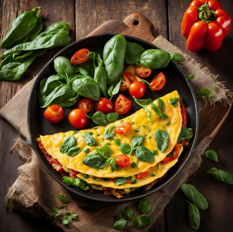 A folded omelette in a black skillet, garnished with cherry tomatoes and fresh basil leaves.