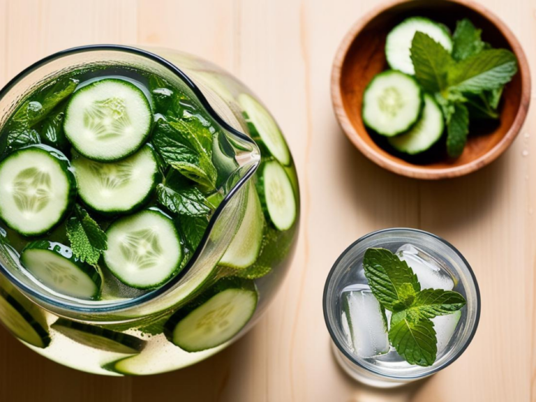 Top-down view of cucumber mint water with a glass filled with ice and mint garnish.