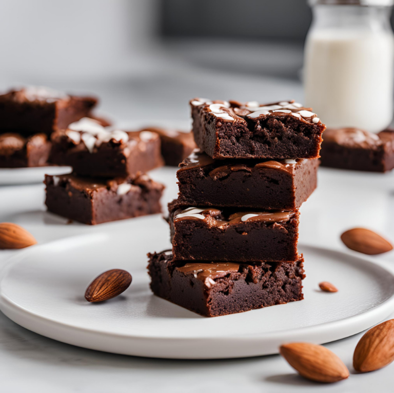 A stack of three almond flour brownies with a glossy chocolate drizzle and whole almonds on a white plate.