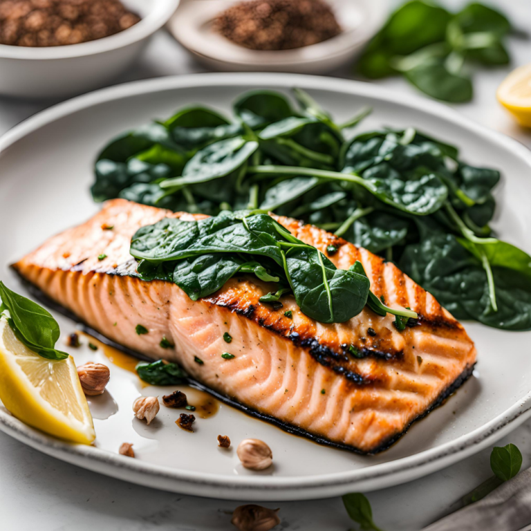 Grilled salmon fillet with fresh spinach, garnished with lemon and herbs on a white plate.