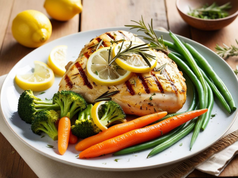Lemon herb grilled chicken with steamed vegetables on a white plate, surrounded by fresh ingredients like lemons and rosemary.
