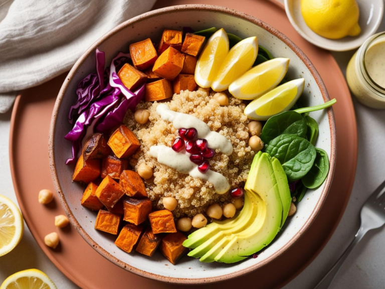 Close-up of roasted sweet potatoes and fresh vegetables in a quinoa Buddha bowl, drizzled with tahini dressing and garnished with pomegranate seeds.