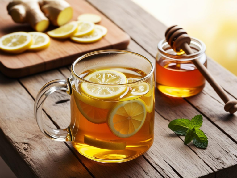 Close-up of Ginger Lemon Detox Tea with lemon slices, fresh mint, and a honey jar on a wooden table.