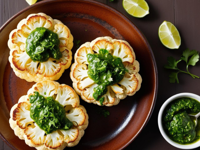 Overhead shot of three roasted cauliflower steaks on a rustic brown plate, topped with vibrant chimichurri sauce.