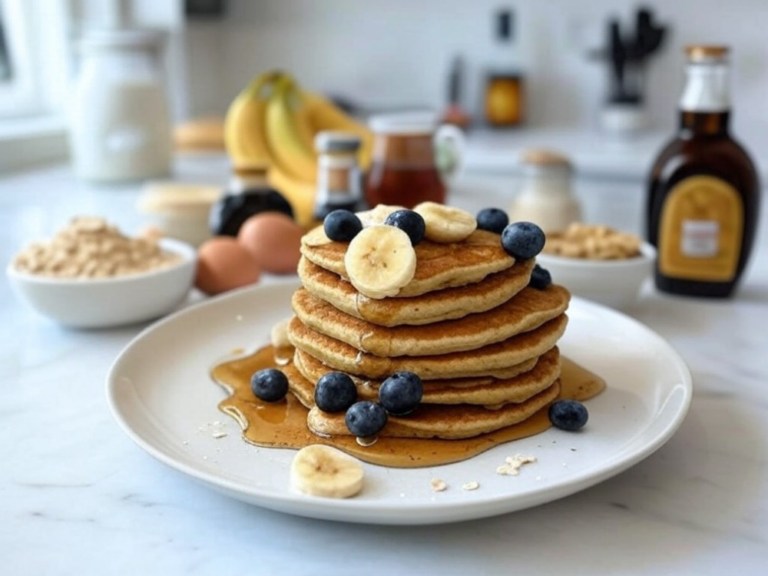 A plate of banana oatmeal pancakes topped with blueberries and banana slices, surrounded by fresh ingredients in a bright kitchen.