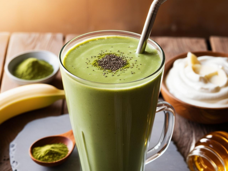 A Matcha Green Tea Smoothie in a tall glass with a metal straw, featuring matcha powder, bananas, and honey on a rustic wooden table.