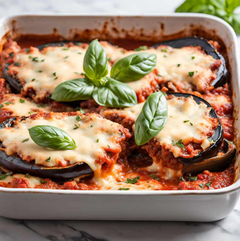 A white casserole dish filled with freshly baked Eggplant Parmesan, topped with basil leaves.