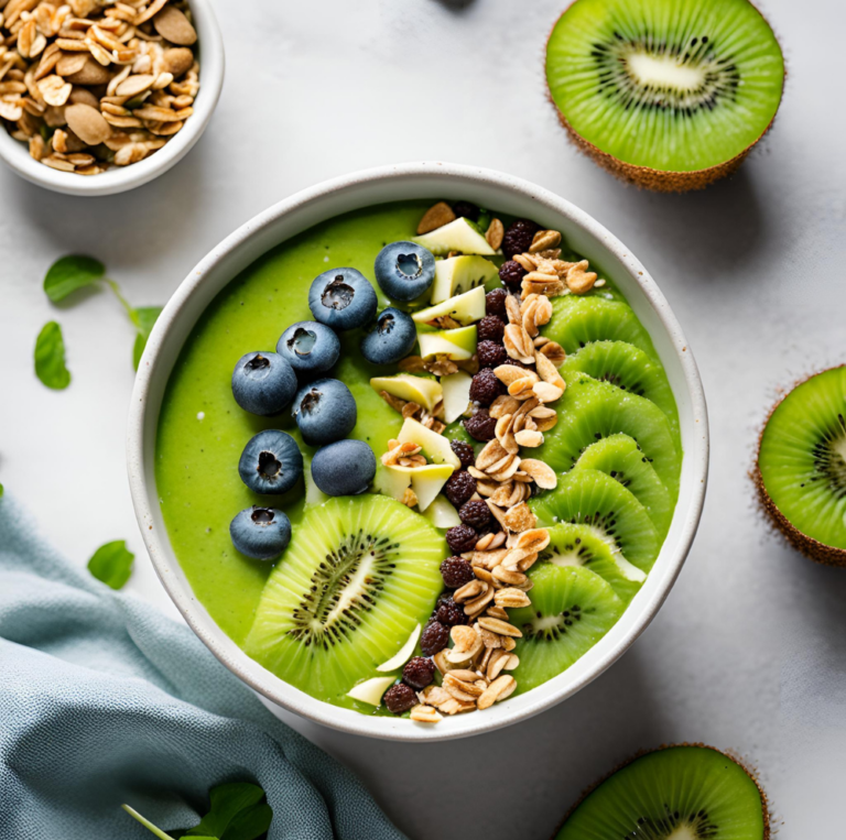 A close-up of a green smoothie bowl featuring blueberries, kiwi slices, granola, and almond slivers, styled with scattered fresh ingredients.