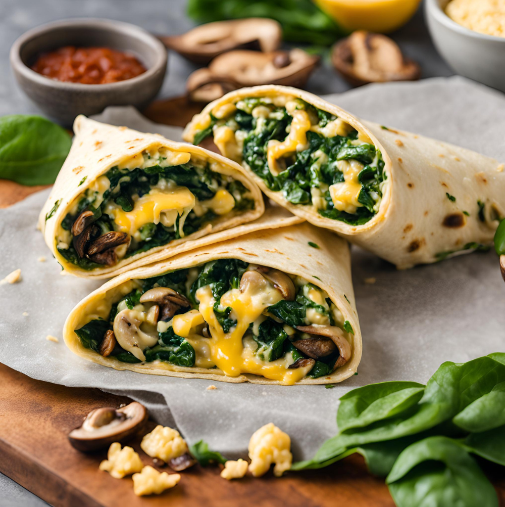 Spinach and mushroom breakfast wraps with melted cheese on a wooden cutting board.