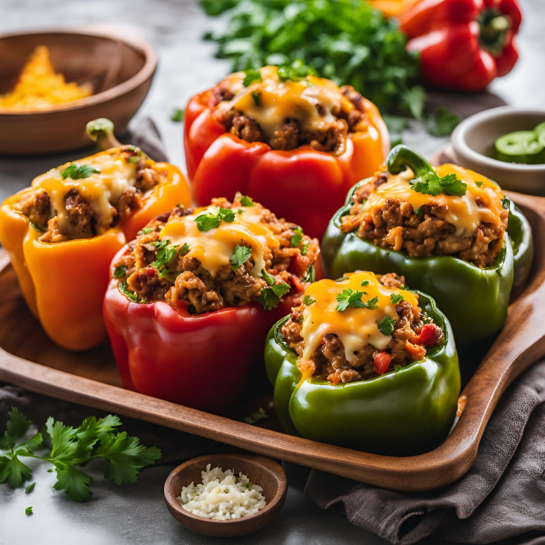 A variety of stuffed bell peppers with turkey filling and melted cheese served on a wooden tray.