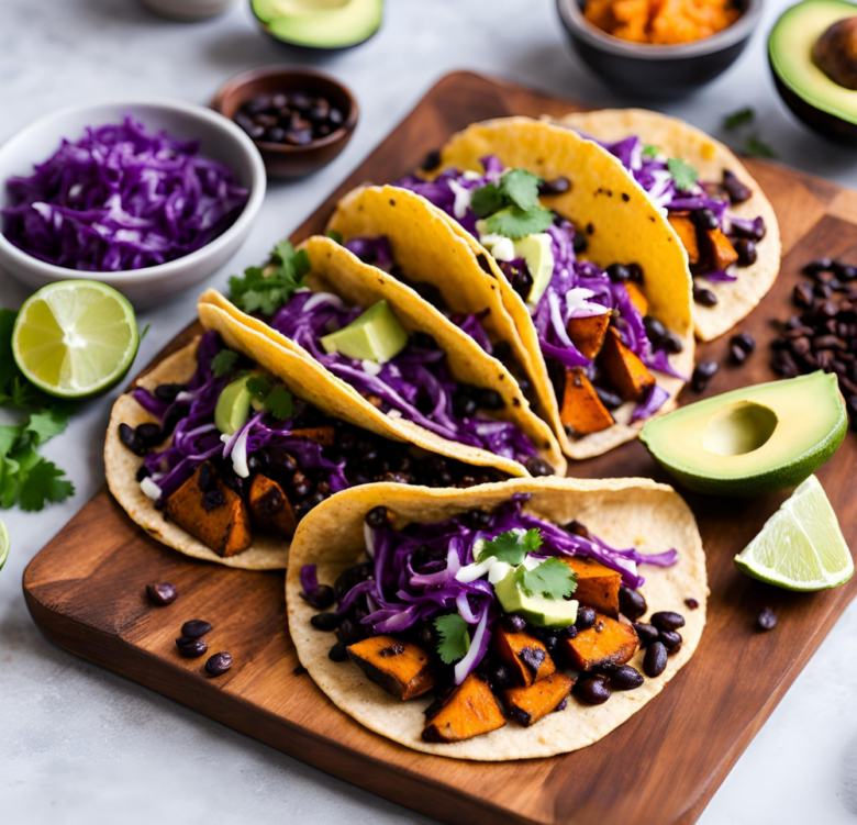Sweet Potato and Black Bean Tacos served with fresh cilantro, avocado, and lime wedges.