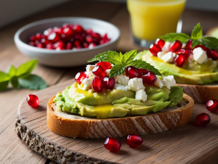 A rustic wooden cutting board with two slices of avocado toast, topped with mashed avocado, pomegranate seeds, feta cheese, and mint leaves. A small bowl of pomegranate seeds and a glass of fresh juice are placed in the background.