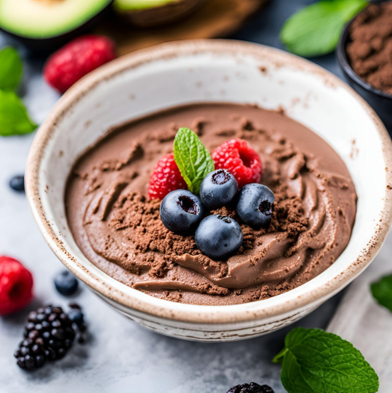 Three glasses of layered chocolate avocado mousse topped with blueberries, raspberries, and mint on a light table.