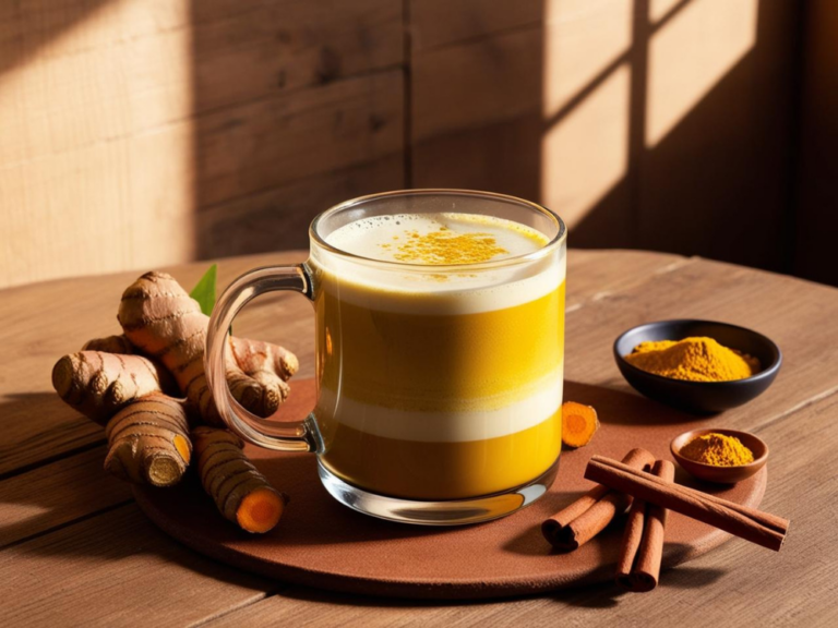 Golden turmeric latte in a glass mug with sunlight streaming in, surrounded by fresh turmeric roots.