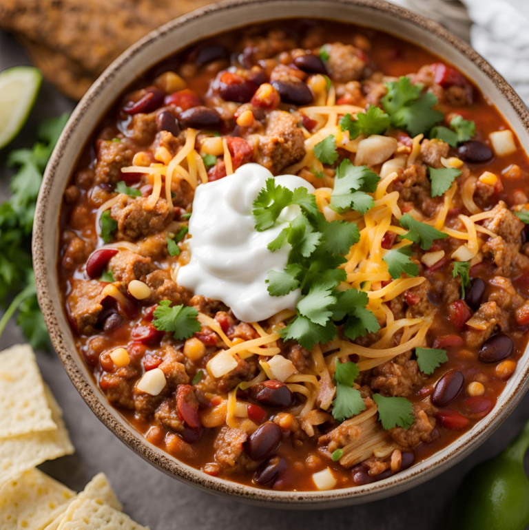 Slow cooker turkey chili served with shredded cheese and lime wedges on the side.