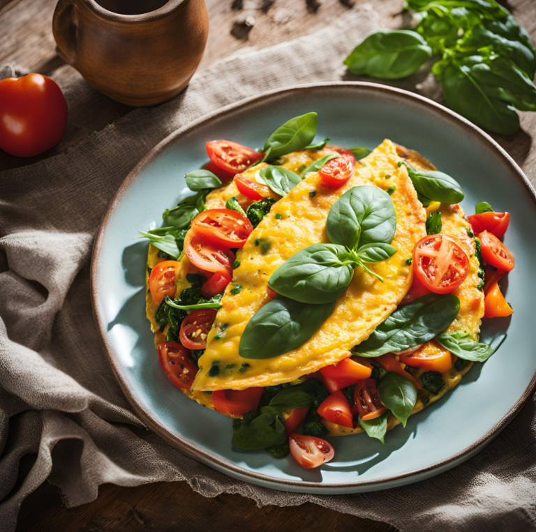 A vibrant vegetable omelette on a blue plate, garnished with basil and cherry tomatoes.