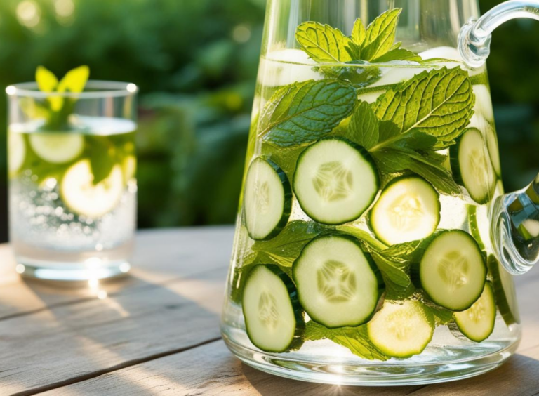 Glass pitcher of cucumber mint water with a glass on the side.