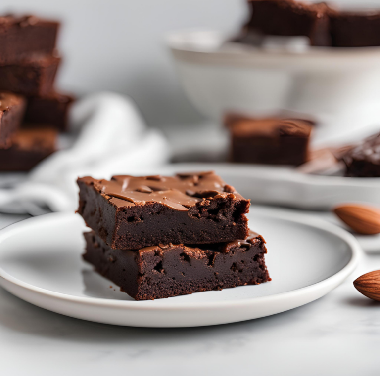 Two almond flour brownies on a white plate, styled simply with scattered almonds and blurred brownies in the background.