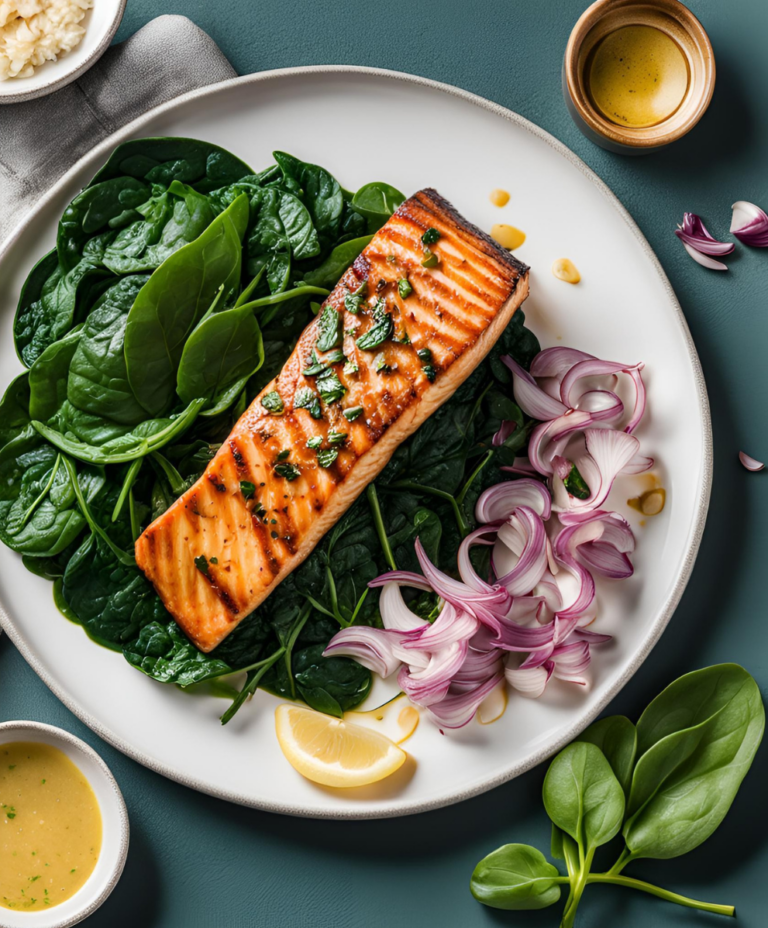 Grilled salmon on a bed of fresh spinach, paired with red onions and lemon wedges.