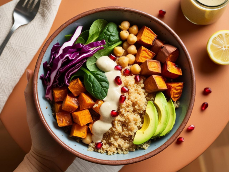 A colorful quinoa Buddha bowl with roasted sweet potatoes, chickpeas, avocado, and red cabbage on a white plate with lemon wedges.