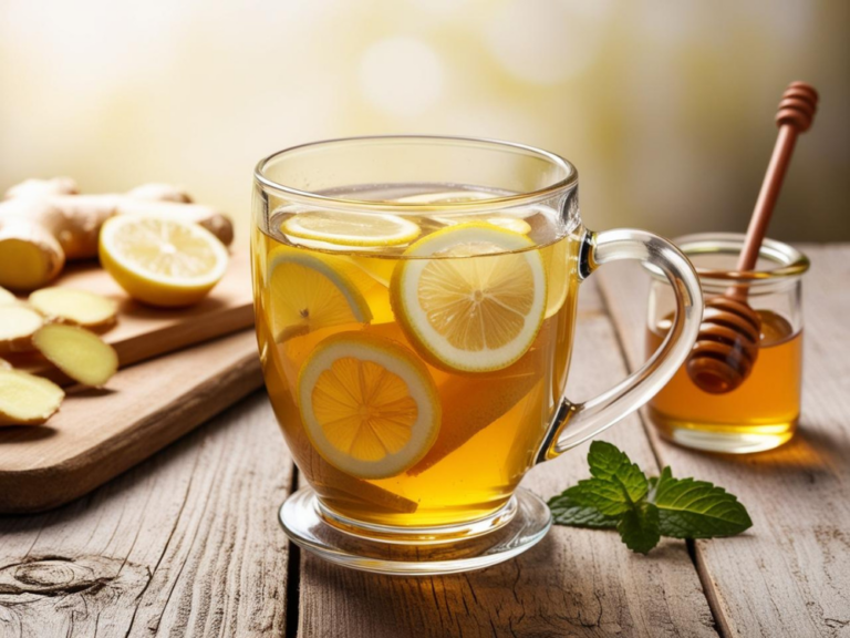 Ginger Lemon Detox Tea with vibrant lemon slices and a jar of honey on a rustic table.