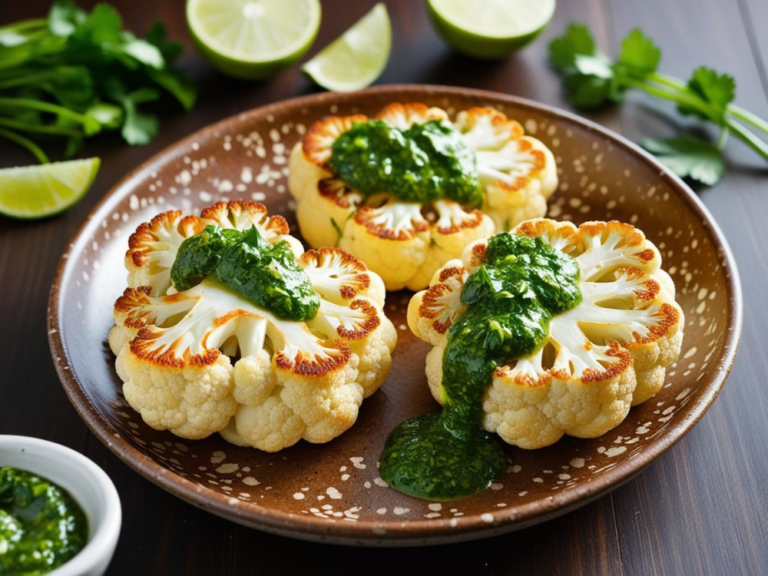 Close-up of roasted cauliflower steaks on a white plate, topped with fresh chimichurri sauce and surrounded by limes and parsley.