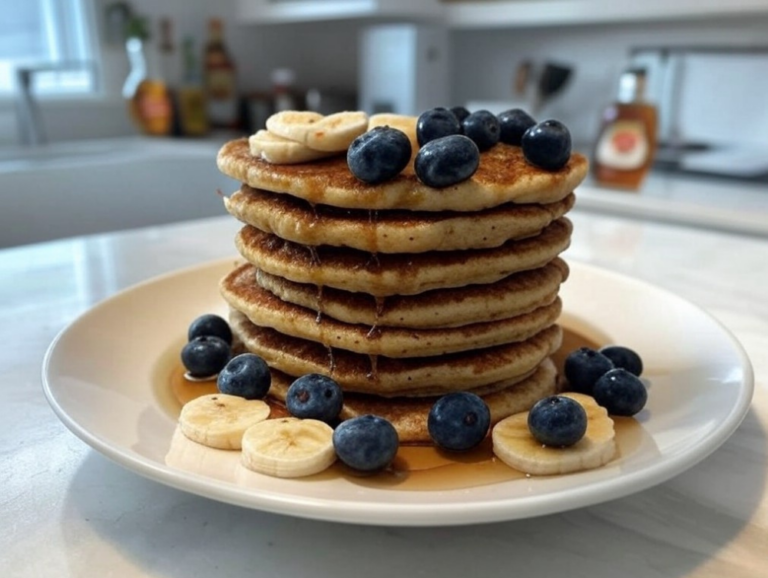 Banana oatmeal pancakes stacked on a white plate with fresh blueberries and bananas, drizzled with maple syrup in a modern kitchen.