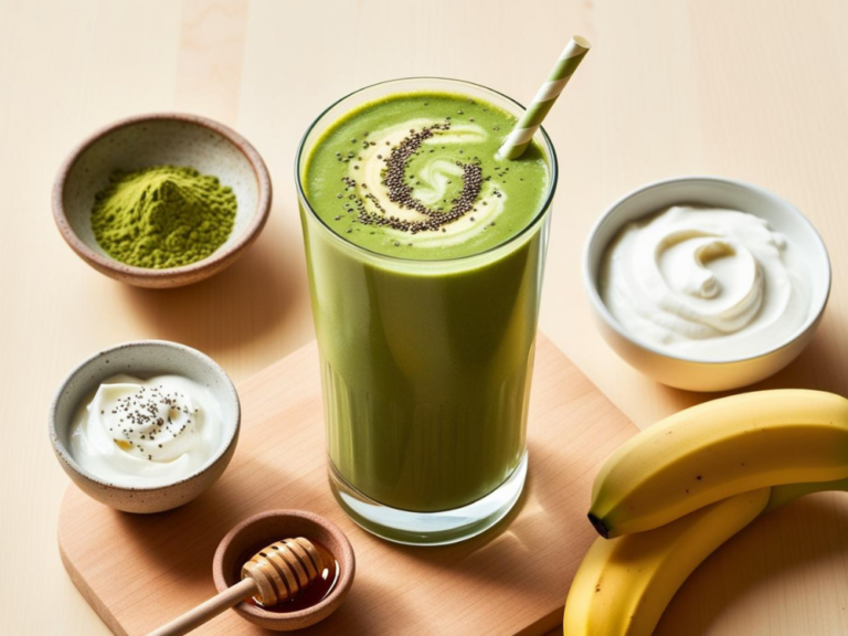 Matcha Green Tea Smoothie with a swirl of whipped cream, chia seeds, and a bamboo straw, styled with bananas and yogurt in the background.