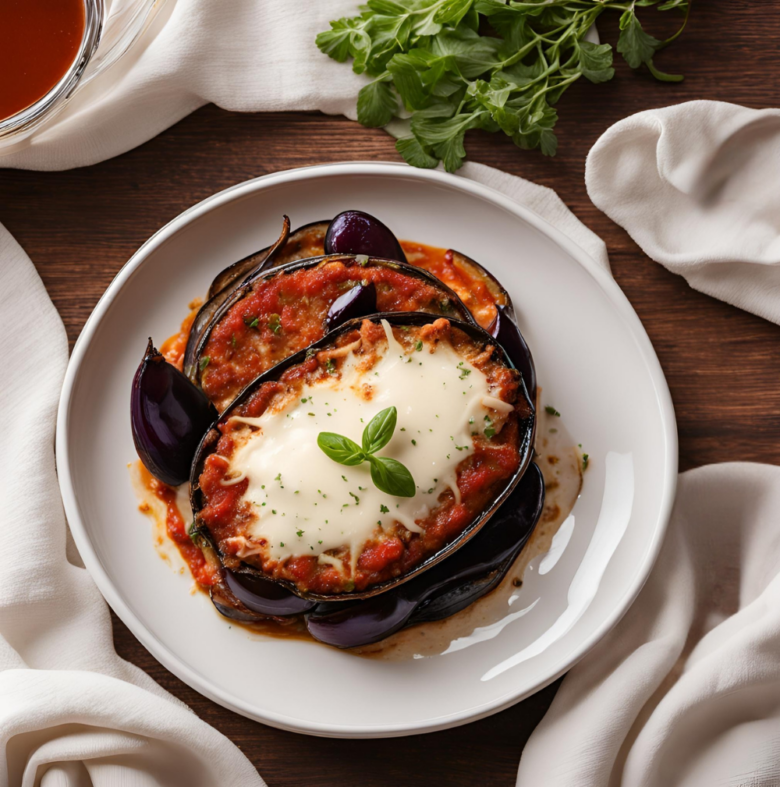 A rustic serving of baked Eggplant Parmesan in a white dish, garnished with fresh herbs.