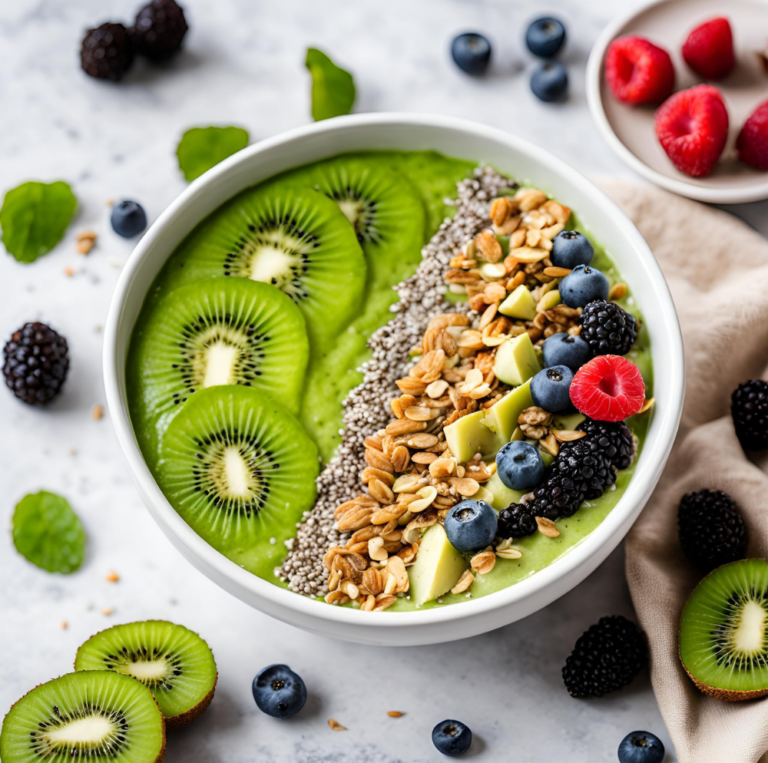 A green smoothie bowl with kiwi slices, blueberries, and granola, surrounded by fresh ingredients like raspberries and mint leaves.