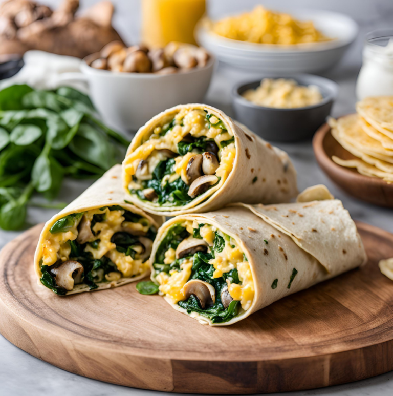 Spinach and mushroom wraps served on a wooden board with fresh ingredients and condiments.