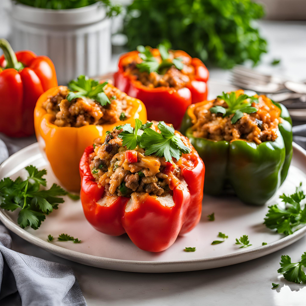 Four stuffed bell peppers with turkey filling, garnished with parsley on a white plate.