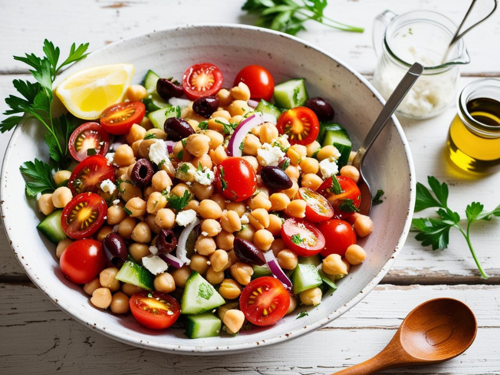 A colorful Mediterranean Chickpea Salad served in a rustic bowl with a wooden spoon and fresh parsley.
