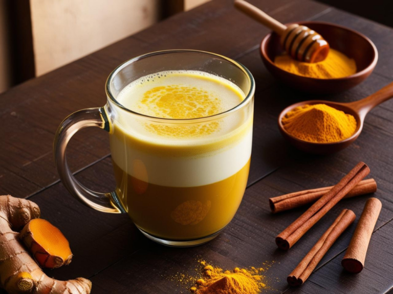 Warm turmeric latte with frothy milk, cinnamon, and honey on a rustic table.