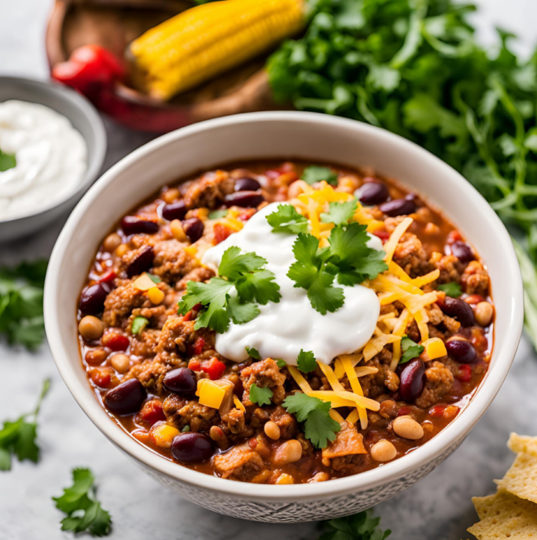 A hearty bowl of turkey chili surrounded by fresh ingredients like corn and cilantro.