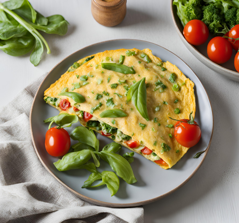 A folded vegetable omelette garnished with fresh basil and cherry tomatoes, served on a gray plate.