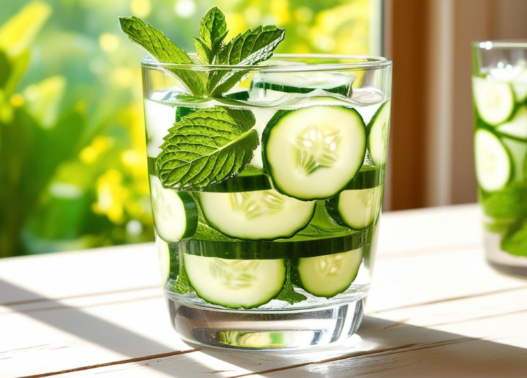 Glass of cucumber mint water with mint leaves and ice cubes on a sunny table.