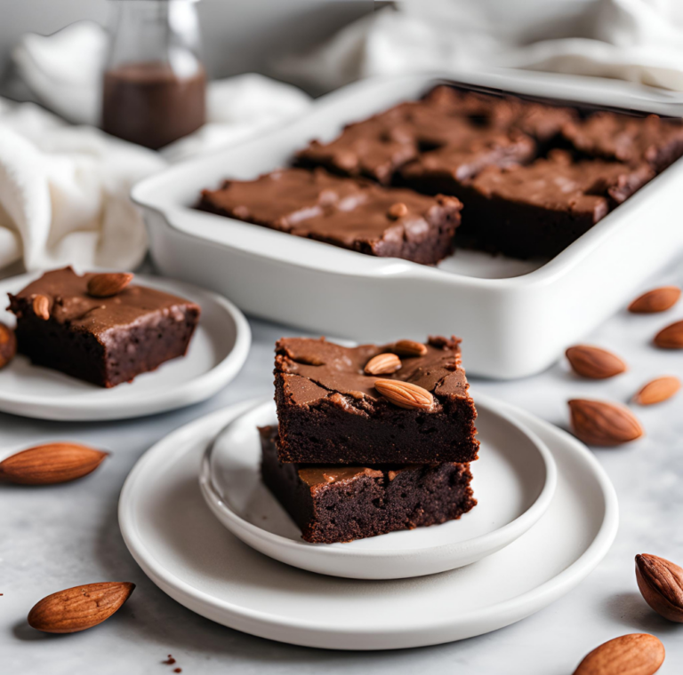 A baking dish filled with almond flour brownies, with a few servings plated and garnished with almonds on white plates.