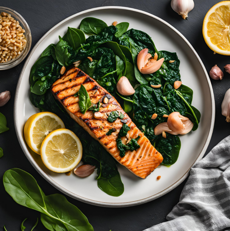 Grilled salmon fillet served with spinach, roasted garlic, and lemon slices on a white plate.