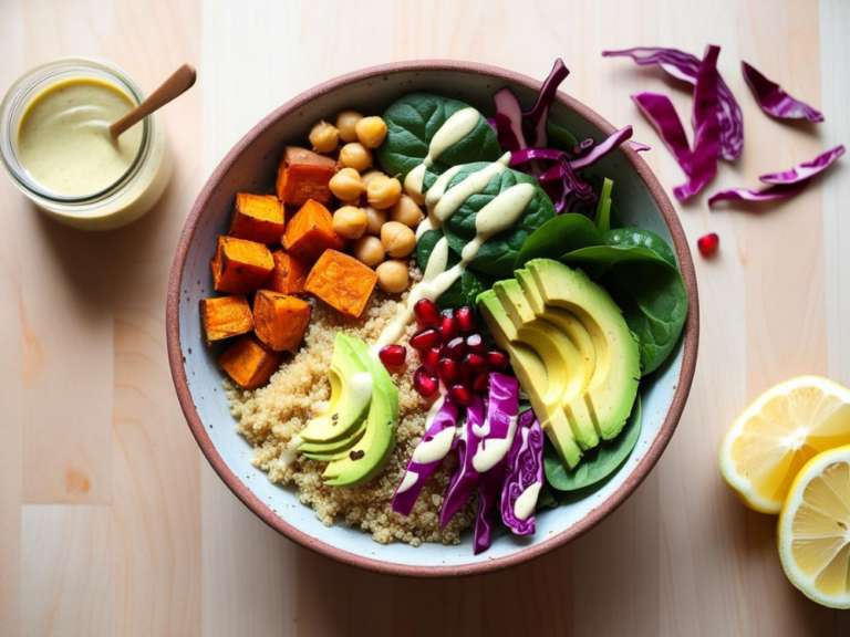 A beautifully arranged quinoa Buddha bowl with fresh vegetables and tahini dressing, perfect for a healthy lifestyle.