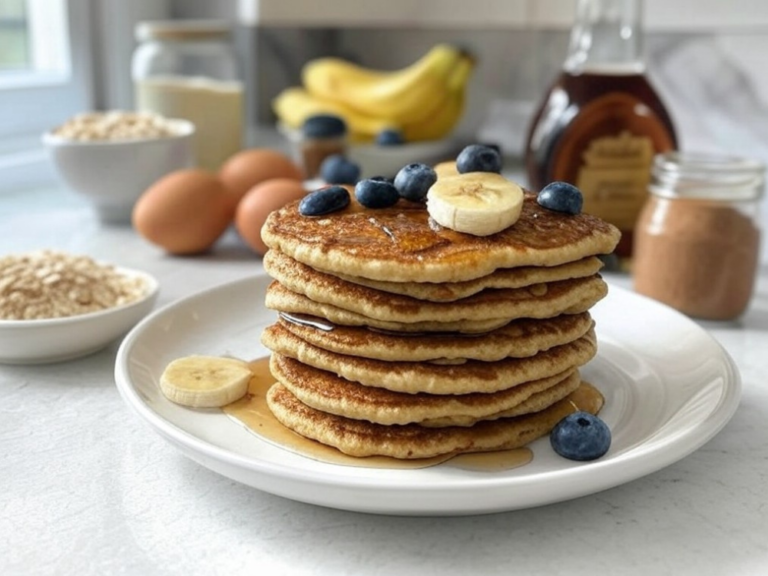 A close-up of banana oatmeal pancakes topped with banana slices, blueberries, and maple syrup in a bright kitchen.