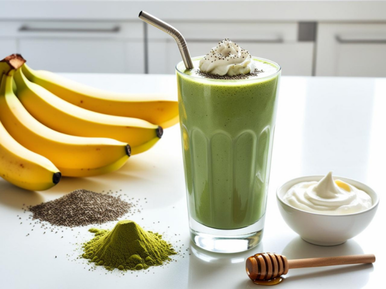 A Matcha Green Tea Smoothie topped with whipped cream and chia seeds, placed on a white counter with matcha powder and bananas nearby.