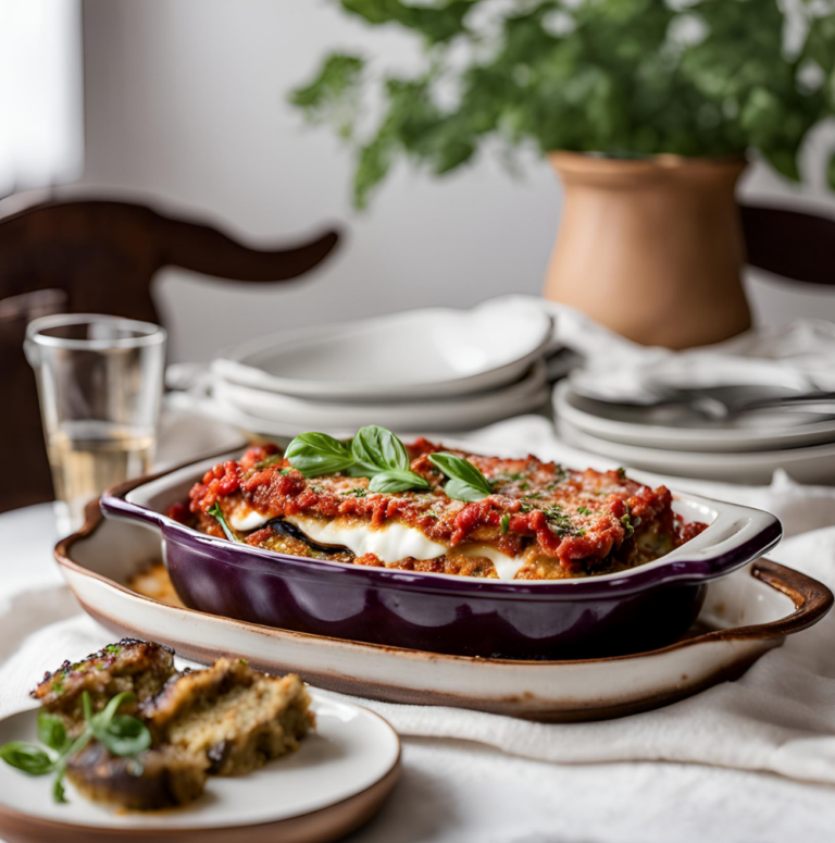 A top-down view of baked Eggplant Parmesan served in a deep purple casserole dish.