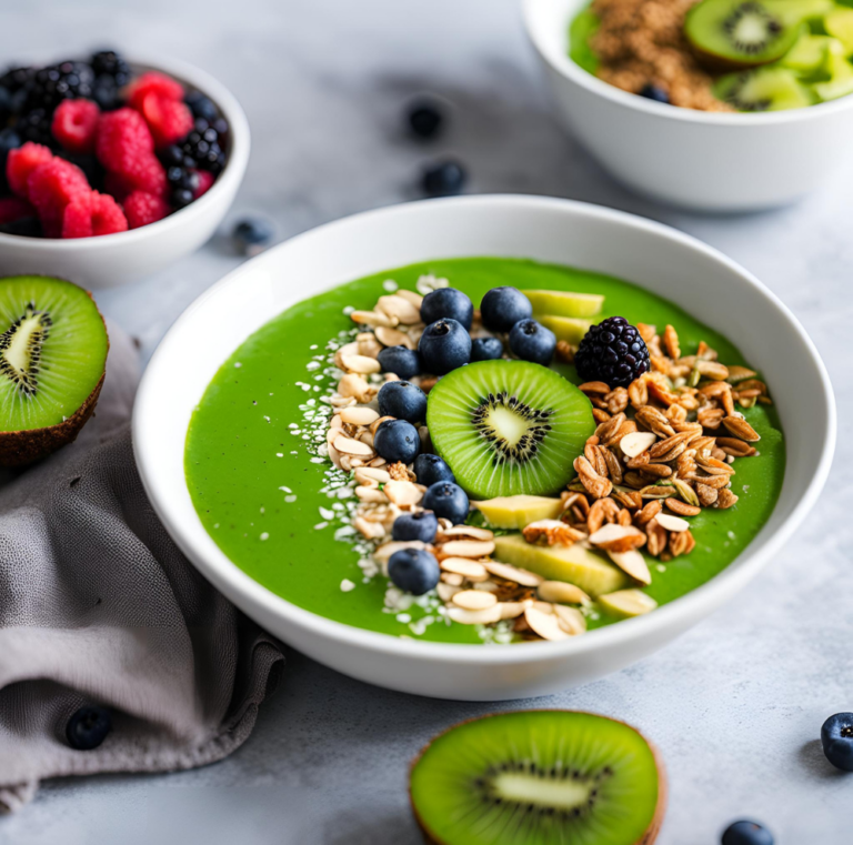 A green smoothie bowl with kiwi, blueberries, and granola, styled with a spoon and fresh ingredients like kiwi halves and granola nearby.